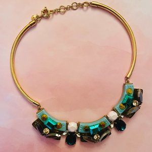 J.Crew Gold Navy Teal Crystal Statement Metallic Deco Necklace Costume Jewelry
